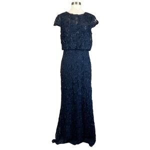JS Collections Women's Formal Dress Size 6 Blue Sequined Lace Short Sleeve Gown